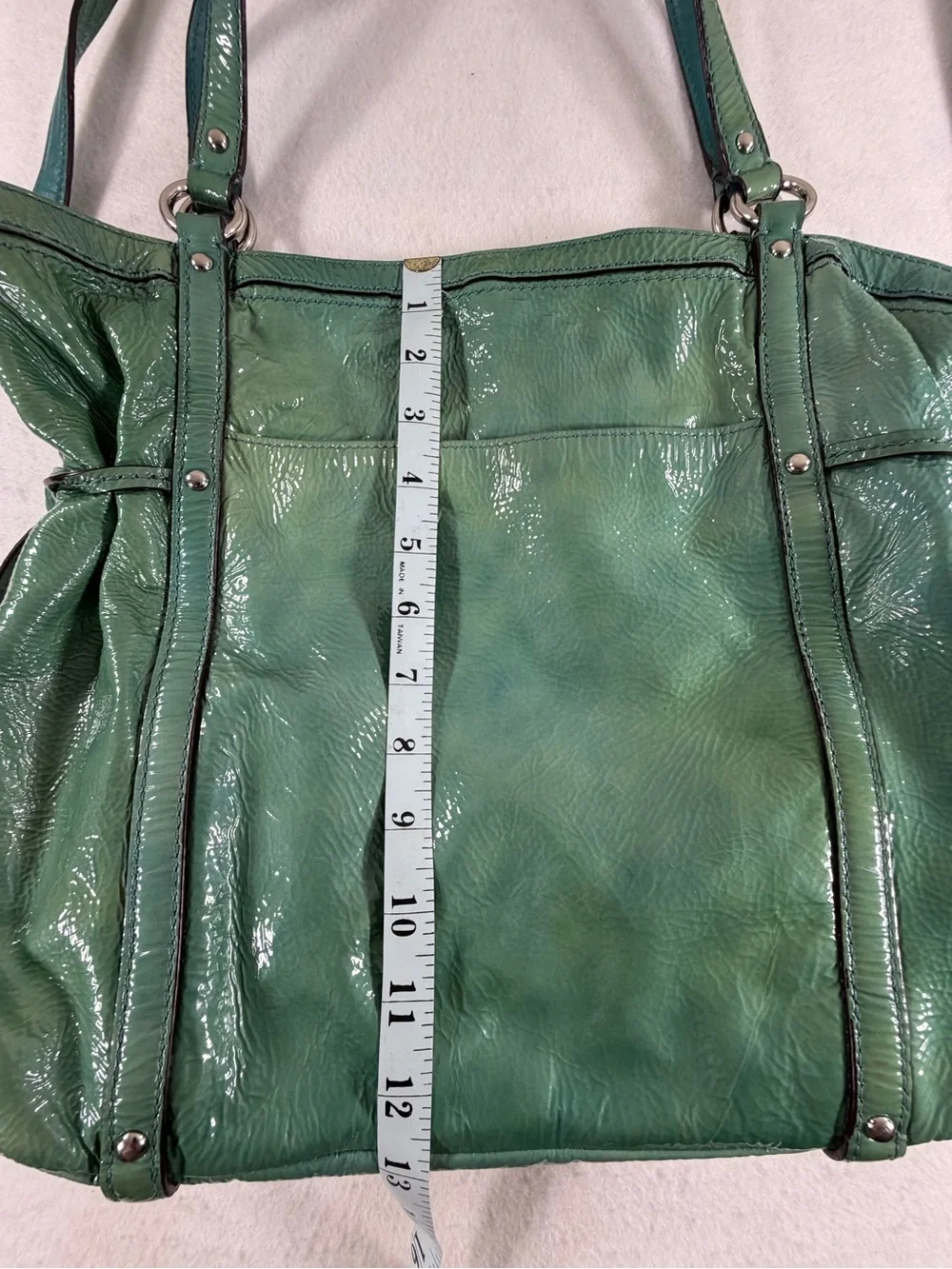 Coach F19569 Seafoam Green Large Patent Leather Tote Perforated Logo - Picture 9 of 10